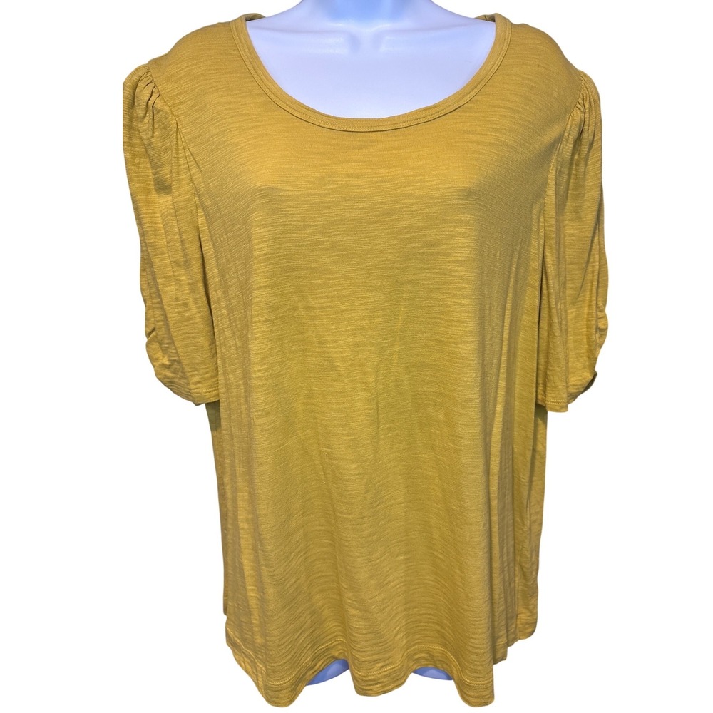 Chico's Women Mustard Yellow Puff Sleeve Slub Knit Top Sz 3XL Lagenlook Casual